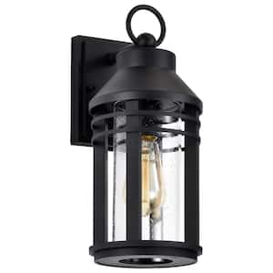 Wilton 1-Light Matte Black Hardwired Outdoor Wall Lantern Sconce with Clear Seeded Glass Shade