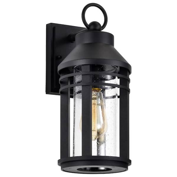 SATCO Wilton 1-Light Matte Black Hardwired Outdoor Wall Lantern Sconce with Clear Seeded Glass Shade