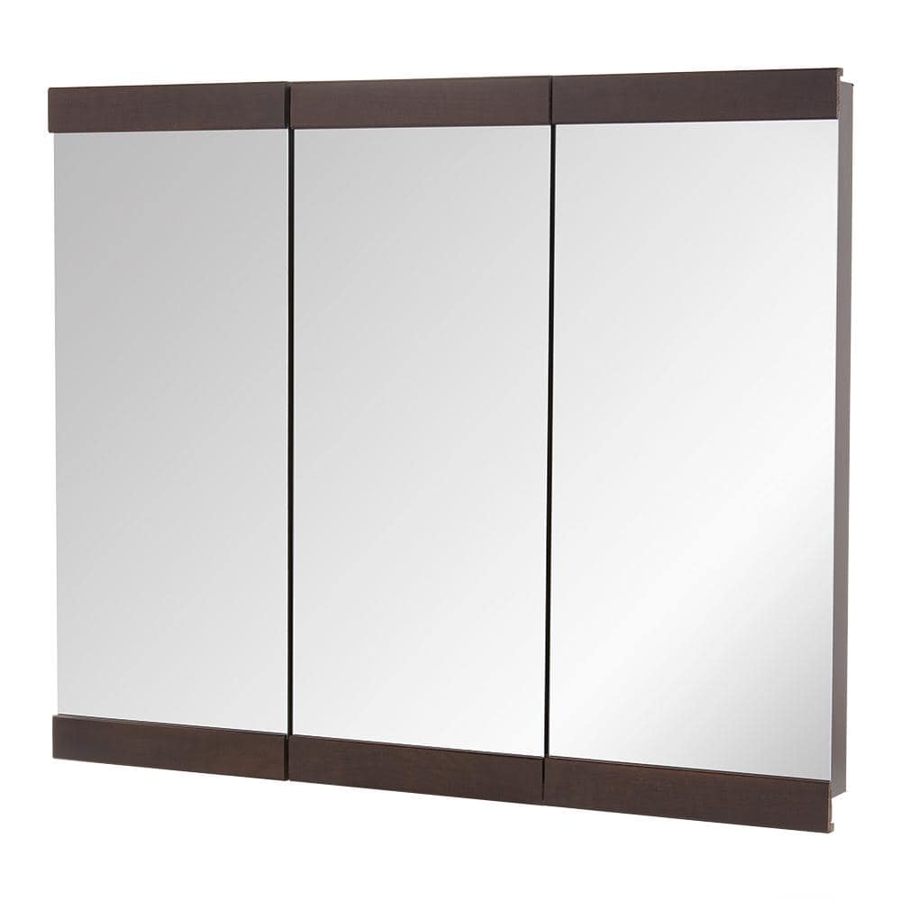 Home Decorators Collection 36-1/4 in. W x 29-3/4 in. H Fog Free Framed Surface-Mount Tri-view Bathroom Medicine Cabinet in Java with Mirror