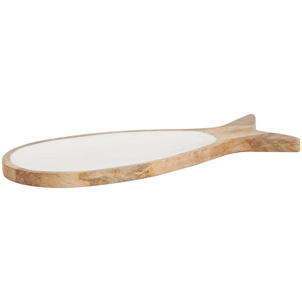 Litton Lane Brown Mango Wood Fish Decorative Tray with White Enameled Interior