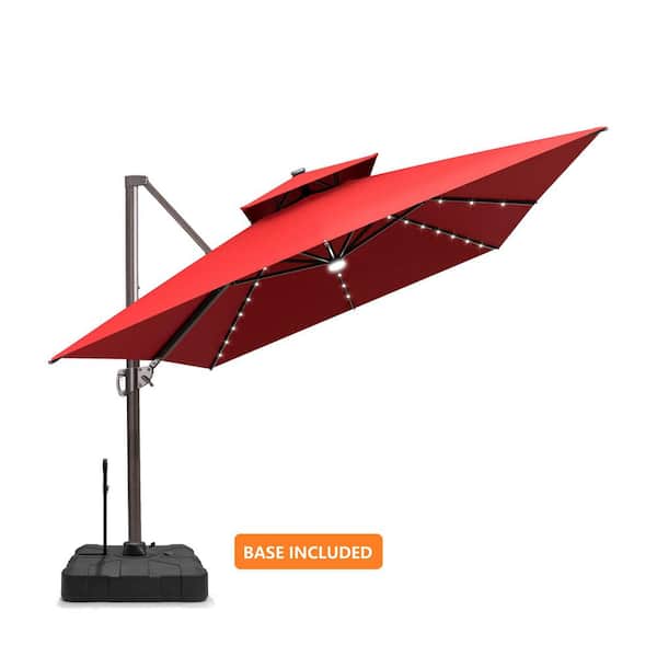 13.5 ft. x 10 ft. Solar LED Rectangular 360° Rotation Tiltable Cantilever Patio Umbrella with Base Included in Red