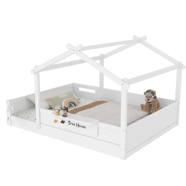 Mutia White Wood Frame Queen Kids House Platform Bed with Guardrails and Free-installed Signboard