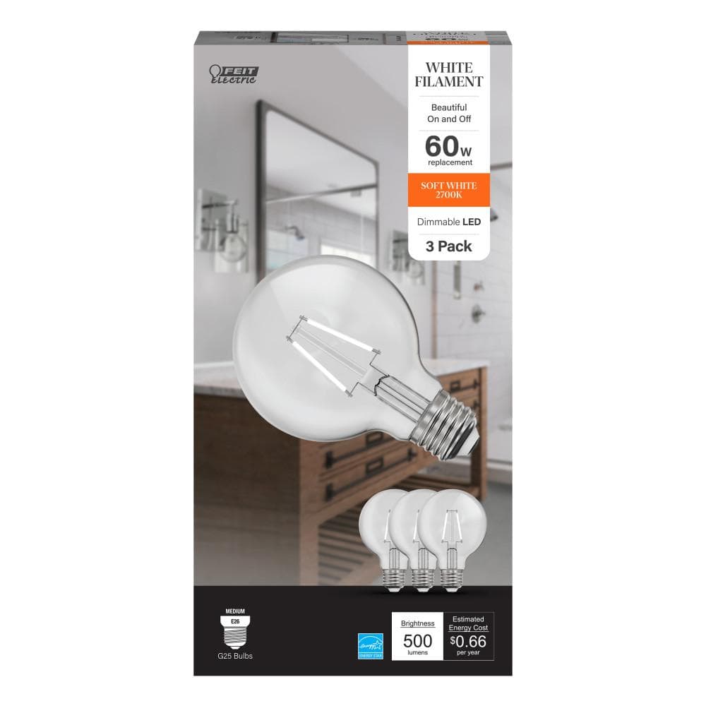 Feit Electric 60-Watt Equivalent G25 Dimmable White Filament CEC Clear  Glass E26 Medium Globe LED Light Bulb Soft White 2700K (3-Pack)  G2560927CAWFILHDRP/3 - The Home Depot