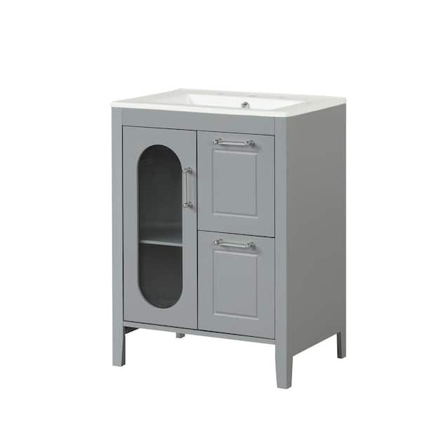 Virubi 24 in. W x 18.3 in. D x 33.2 in. H Single Sink Bath Vanity in Gray with White Ceramic Top, Moru Glass Door, 2-Drawers