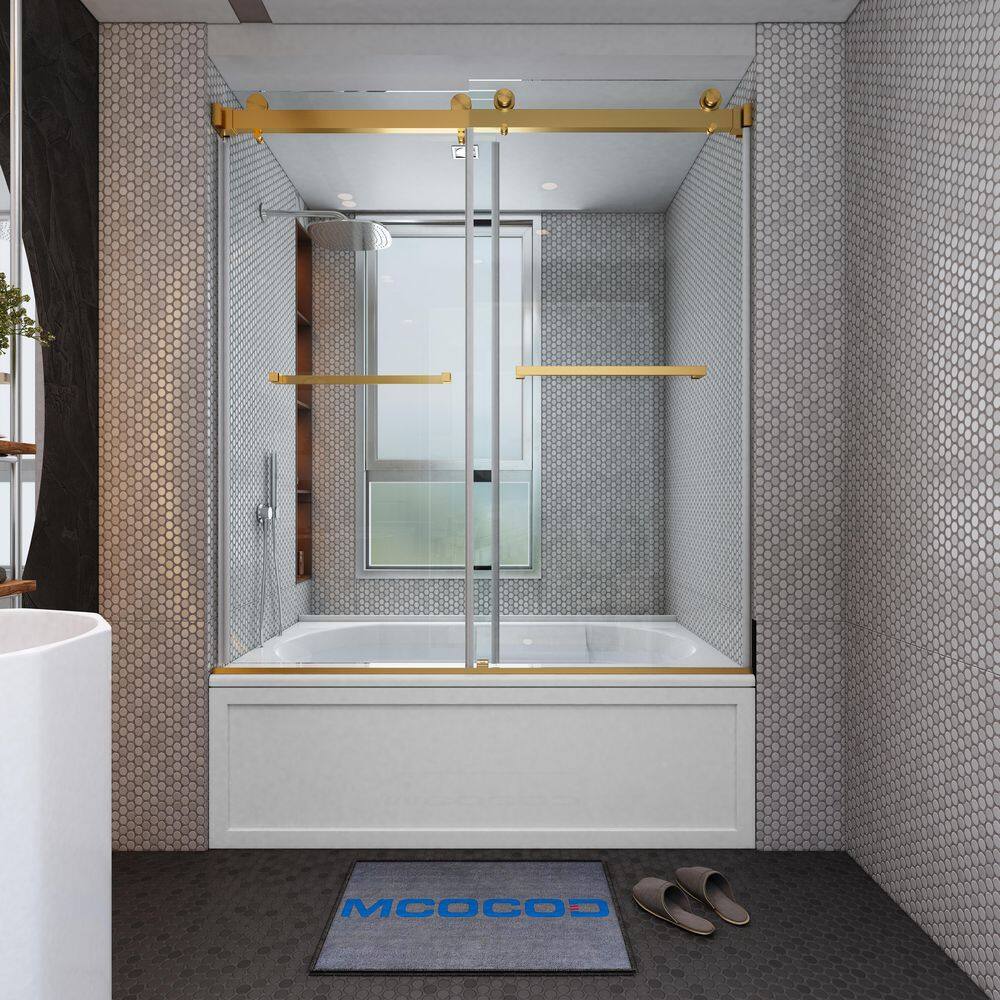 Mcocod 60 In W X 66 In H Double Sliding Frameless Tub Door In Brushed Gold With Smooth Sliding 6487