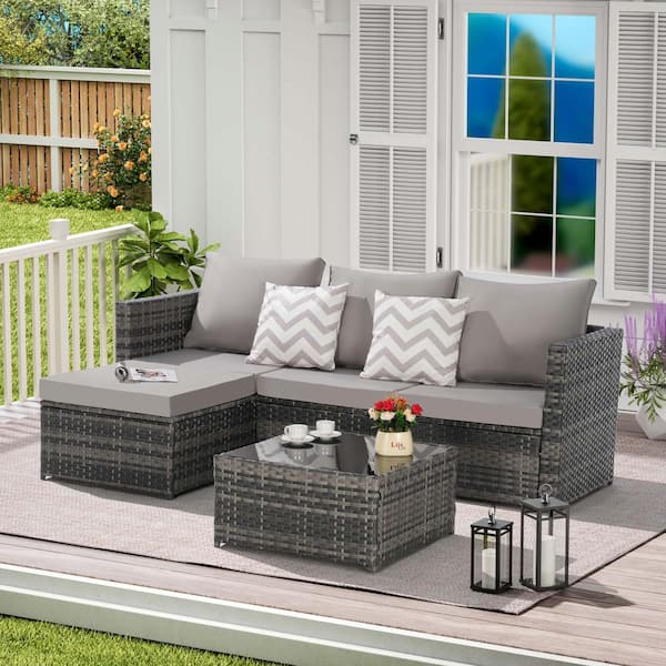 Zeus & Ruta 2-Piece Wicker Patio Conversation Set with Gray Cushions Ottoman and Coffee Table for Backyard