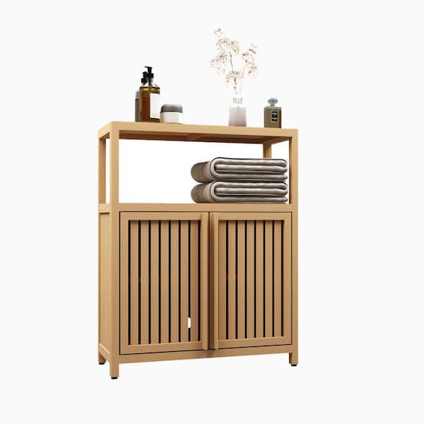 24.56 in. W x 10.74 in. D x 32.08 in. H Natural Bathroom Linen Cabinet Floor Storage Cabinet with Shelves and Doors