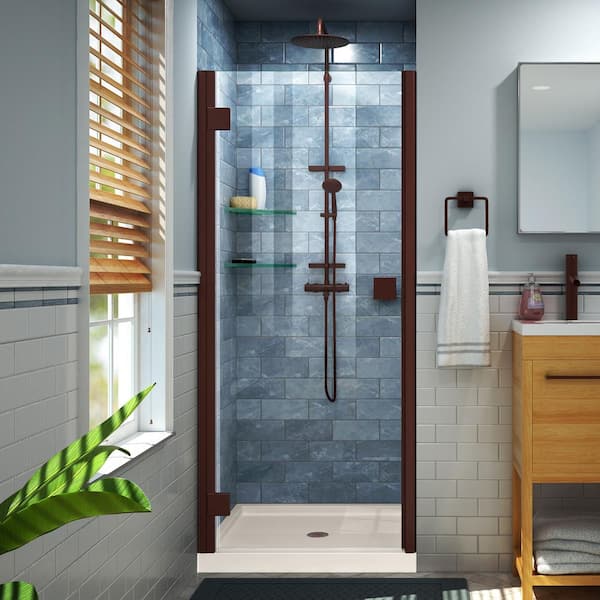 Lumen 36 in. x 72 in. Semi-Frameless Hinged Shower Door in Oil Rubbed Bronze with 36 in. x 36 in. Base in Biscuit