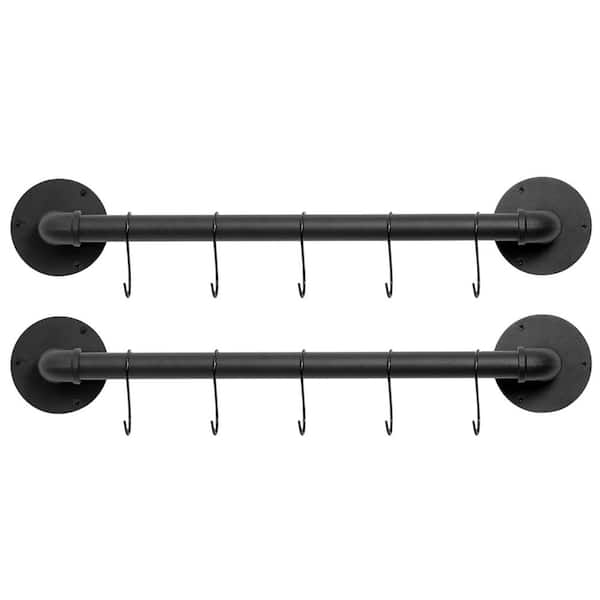 Matte Black Wall Mounted Industrial Pipe Rack Pot Rack Set with Iron Hanging Rail and 10 S Hooks for Kitchen