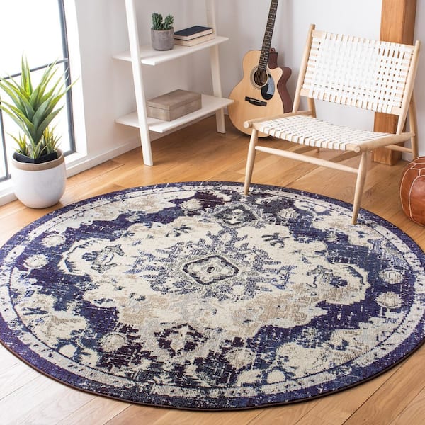Madison Black Purple/Beige 7 ft. x 7 ft. Border Floral Oriental Round Area Rug