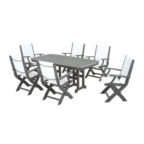 POLYWOOD Coastal Slate Grey All-Weather Plastic Outdoor Dining Set in White Slings