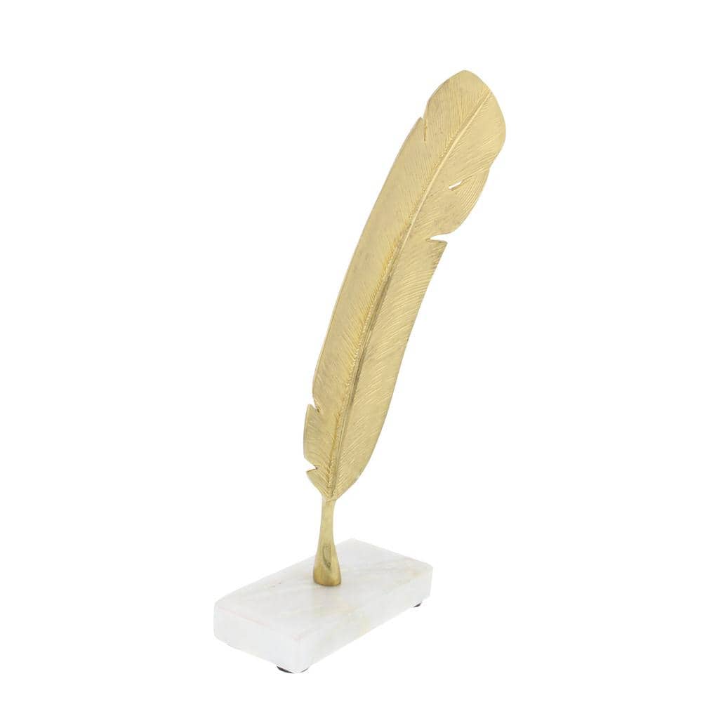 Gold Metallic Bird Feather Sculpture with Marble Base, 12" Height