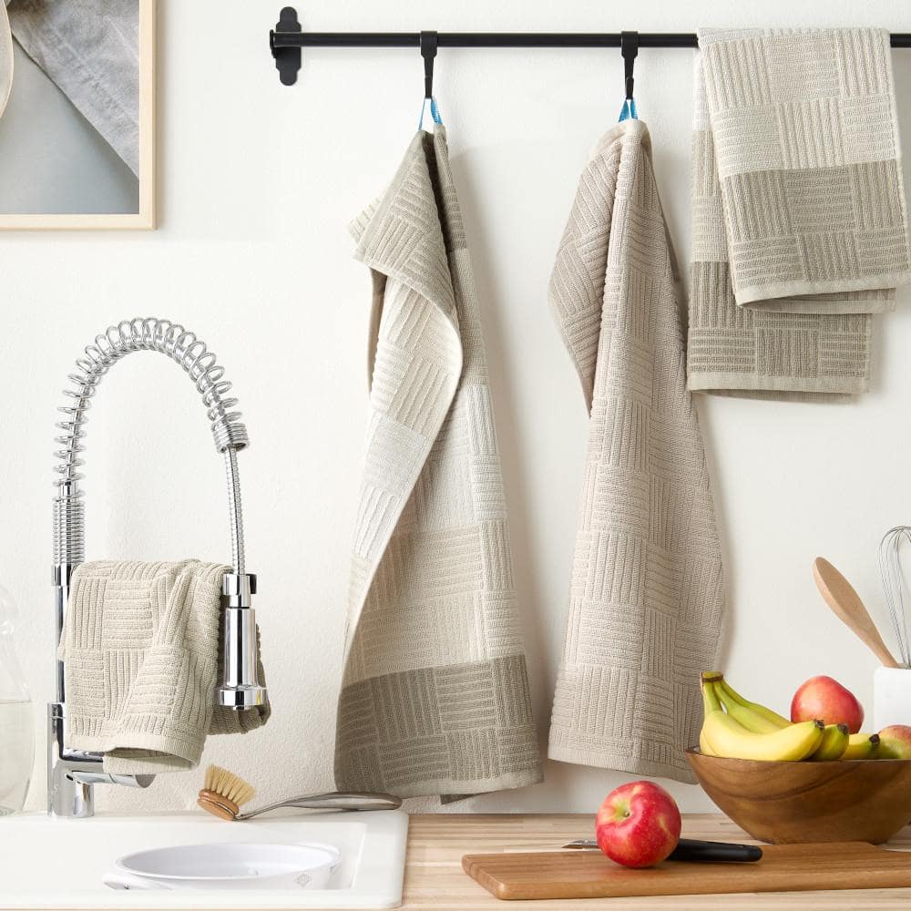 Gray Basketweave Terry Cotton Kitchen Towel Set, 16" x 28"
