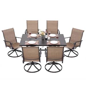 Brown 7-Piece Textilene and Iron Metal Outdoor Dining Set, 6-Swivel Chairs and Rectangle Dining Table