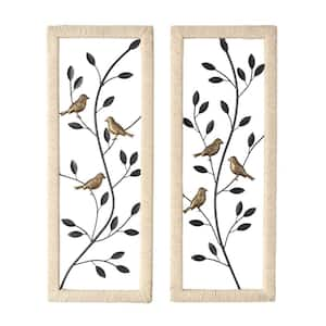 32 in. x 12 in. Black Metal Leaf with Wood Rattan Frame and Bronze Bird Accents Wall Art Decor Set of 2