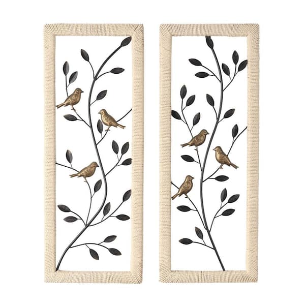 Litton Lane 32 in. x 12 in. Black Metal Leaf with Wood Rattan Frame and Bronze Bird Accents Wall Art Decor Set of 2