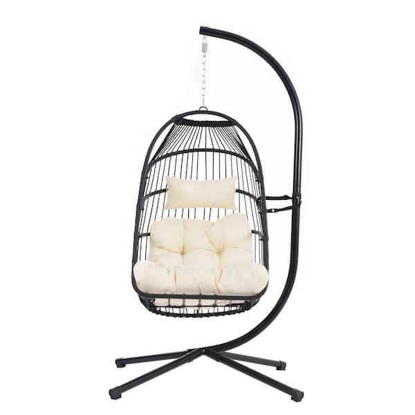 Unbranded Outdoor Indoor Wicker Swing Bracket Foldable Egg Chair with Stand and Beige Cushion