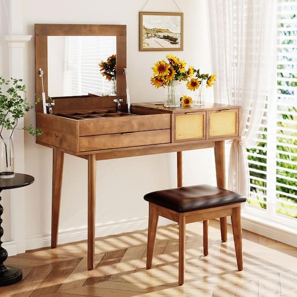 Classic Brown 3 Drawers 43.3 in. Wide Makeup Vanity Set Dresser with Flip-top Mirror and Stool