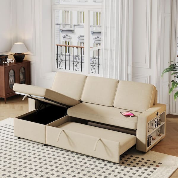 Beige 85.8 in. L-Shaped Polyester Convertible Pull-Out Sleeper Sofa Bed with Storage Chaise, Racks and Charging Ports