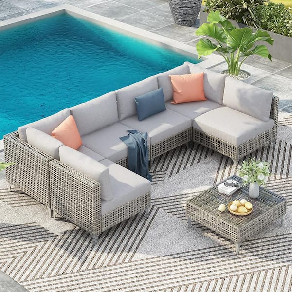 7-Piece Grey Wicker Patio Conversation Set, Modular Sectional Sofa with Thick Cushions and Table
