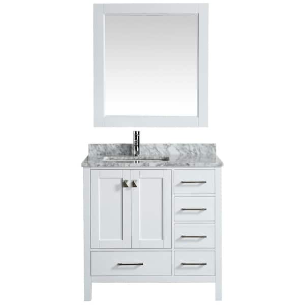 Design Element London 36 in. W x 22 in. D Vanity in White with Marble Vanity Top in Carrera White with White Basin and Mirror