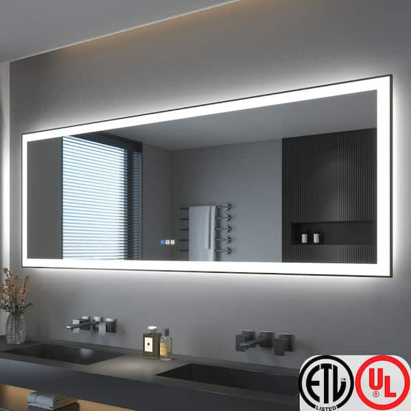 84 in. W x 32 in. H Rectangular Framed LED Anti-Fog Wall Bathroom Vanity Mirror in Black with Backlit and Front Light