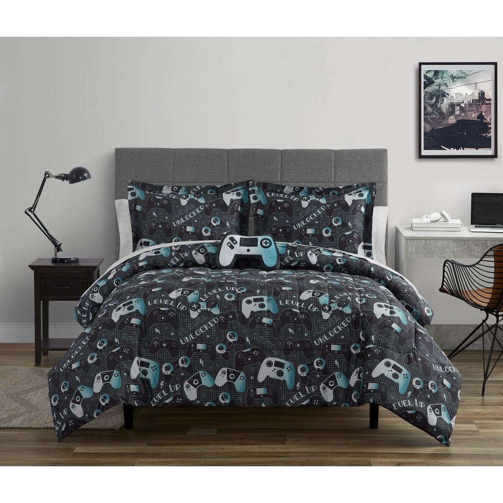 Full Gray and Aqua Microfiber Reversible Kids Comforter Set