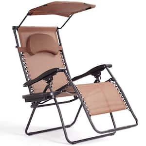 Folding Recliner Steel Outdoor Lounge Chair With Shade Canopy Cup Holder in Brown (Set of 1)