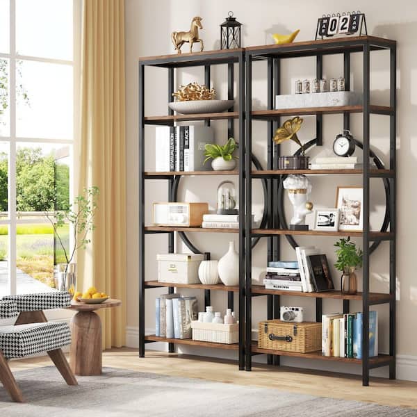 Alan 27.6 in. Wide Vintage Brown 6-shelf Etagere Bookcase with Open Back Set of 2