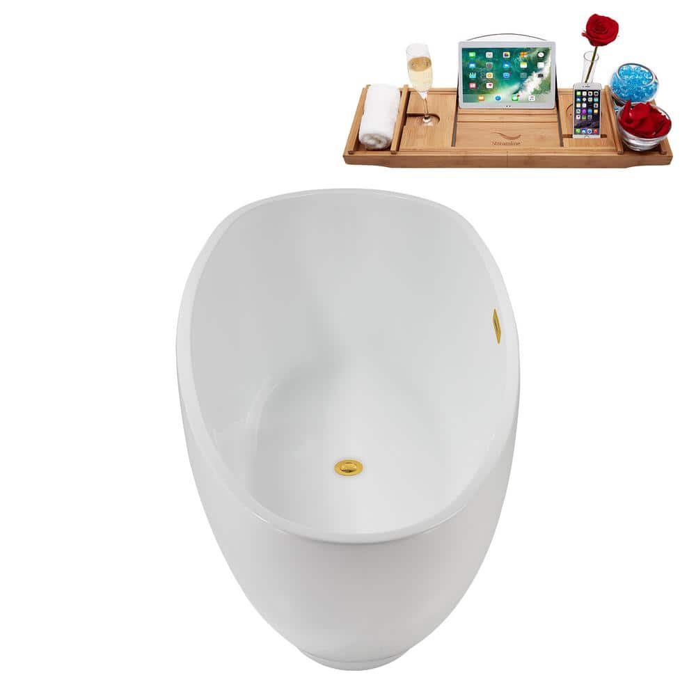 67" Glossy White Acrylic Freestanding Soaking Bathtub with Polished Gold Trim