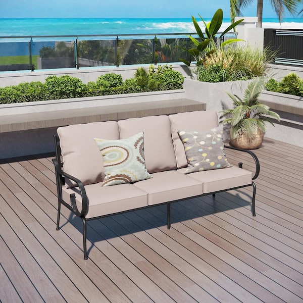 PHI VILLA Black Metal Frame Outdoor Patio 3 Seat Sofa Couch With Beige Cushions