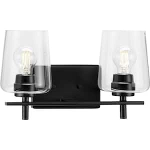 Calais 14.62 in. 2-Light Matte Black Vanity Light with Clear Glass Shades New Traditional for Bath and Vanity