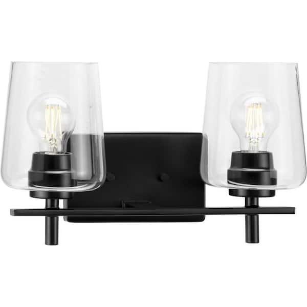 Progress Lighting Calais 14.62 in. 2-Light Matte Black Vanity Light with Clear Glass Shades New Traditional for Bath and Vanity