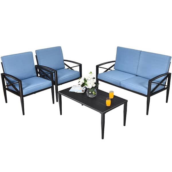Costway 4-Piece Wicker Patio Conversation Set Aluminum Frame with Blue Cushions