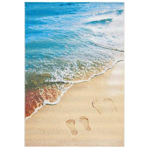 Barbados Gold/Blue 8 ft. x 10 ft. Nautical Beach Indoor/Outdoor Patio  Area Rug
