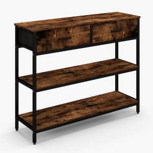 Rustic Brown Console Table with Folding Fabric Drawers for Entryway