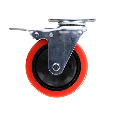 5 in. Red TPU Heavy-Duty Swivel Plate Caster with Brake, 330 lbs. Weight Capacity