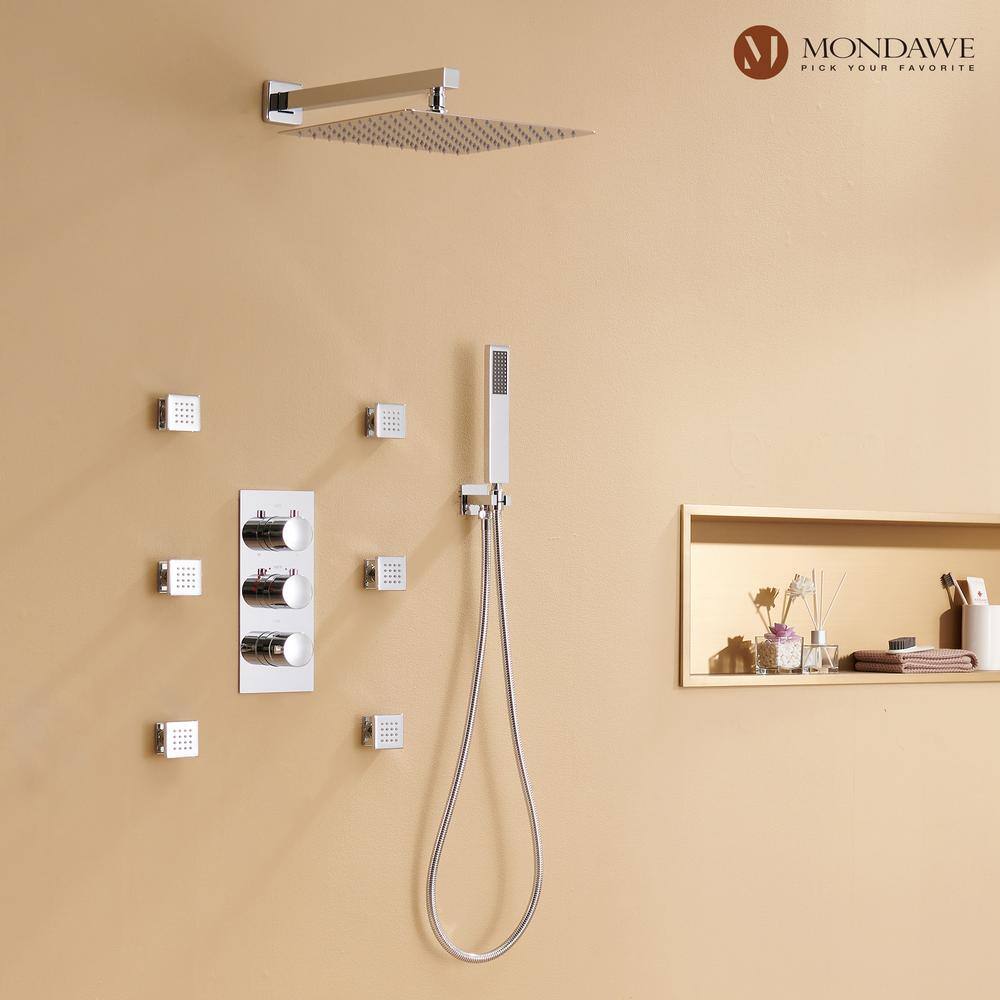 12 Inch Chrome LED Wall Mounted Rain Shower System with Handheld and Body Jets