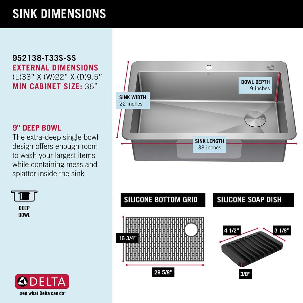 Delta 33" Stainless Steel Drop-In Single Bowl Kitchen Sink with Accessories