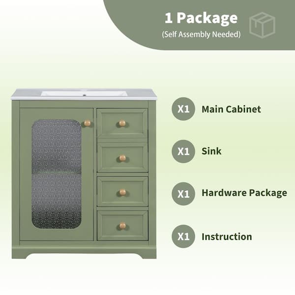 30 in. W x 18 in. D x 34.06 in. H Green Bathroom Vanity Freestanding Adjustable Shelves ,Top Ceramic with White Basin