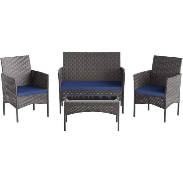 4-Piece Wicker Patio Conversation Set with Tempered Glass Table and Navy Blue Cushion