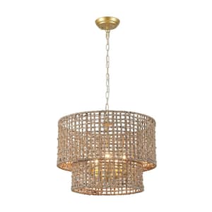 5-Light Drum Gold Hanging Linear Chandelier Lighting Candlestick Light with Rattan Shaded for Kitchen Island