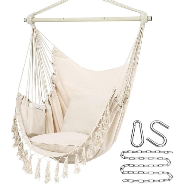 Large Macrame Hammock Chair Hanging Rope Swing with Pocket and Cushions Beige Max 500 Lbs Indoor Outdoor Use
