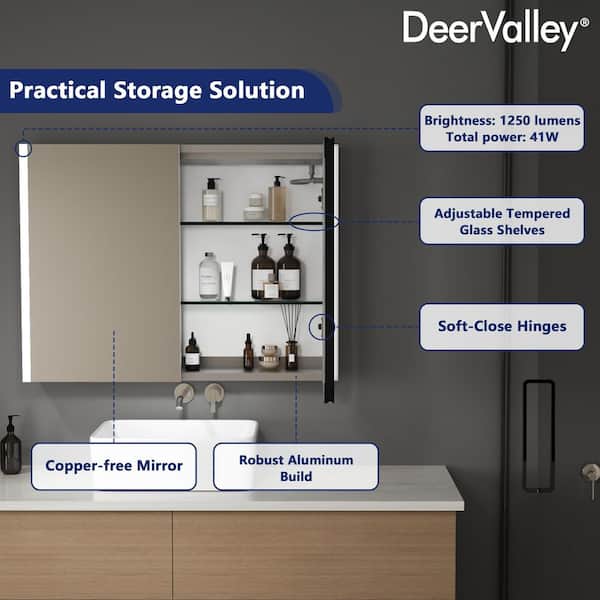 DEERVALLEY 32 in. W x 24 in. H Rectangular Wall Mounted LED Light Medicine Cabinet with Mirror, Anti-Fog, Double Doors