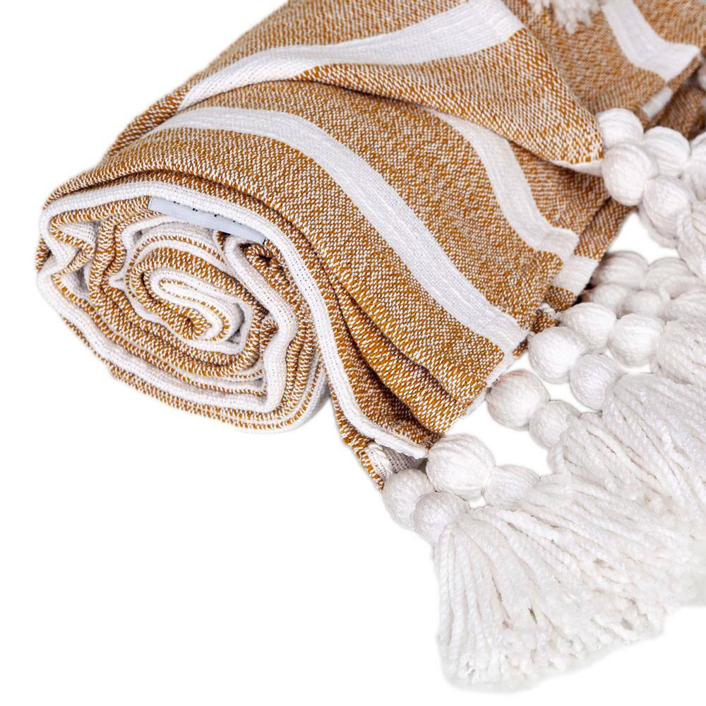 Mustard and White Cotton Slub Throw with Tassels, 50” x 60”