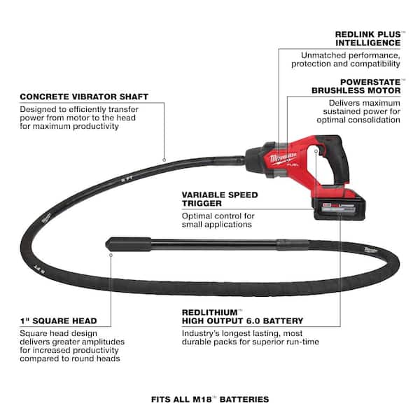 M18 FUEL 18V Lithium-Ion Brushless Cordless 8 ft. Concrete Pencil Vibrator Kit with (2) 6.0 Ah Battery