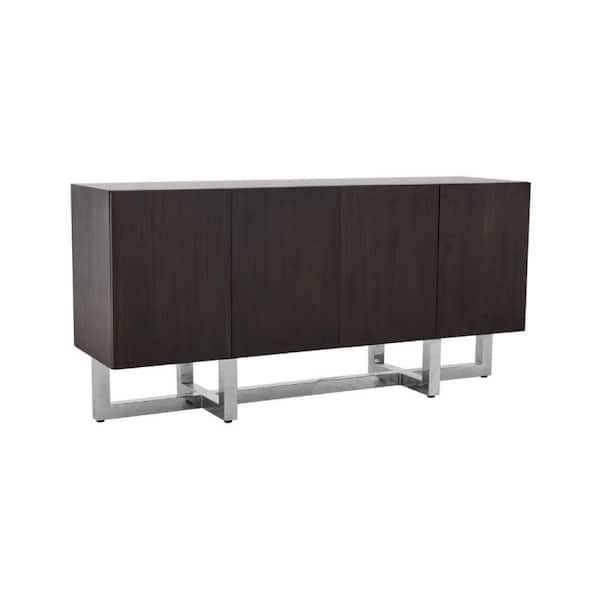 Benjara Brown and Chrome Wood Top 66 in. Sideboard with 4-Door and Cross Chrome Base