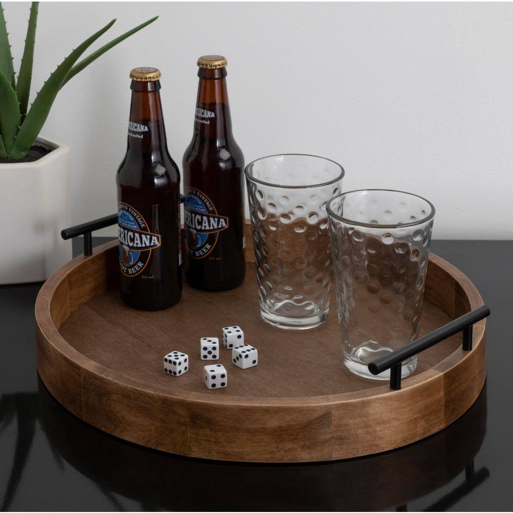 Rustic Brown Round Wood Tray with Black Metal Handles, 15.5" Diameter