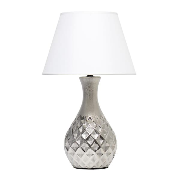 Lalia Home 20.47 in. Stylish Table Lamp with Diamond Pattern Base and Classic White Shade, for Living Room, Office, Metallic Silver