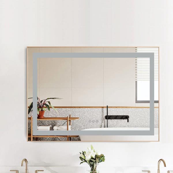36 in. W x 30 in. H Rectangular Aluminum Framed Backlit and Front Light LED Wall Bathroom Vanity Mirror in Brushed Gold